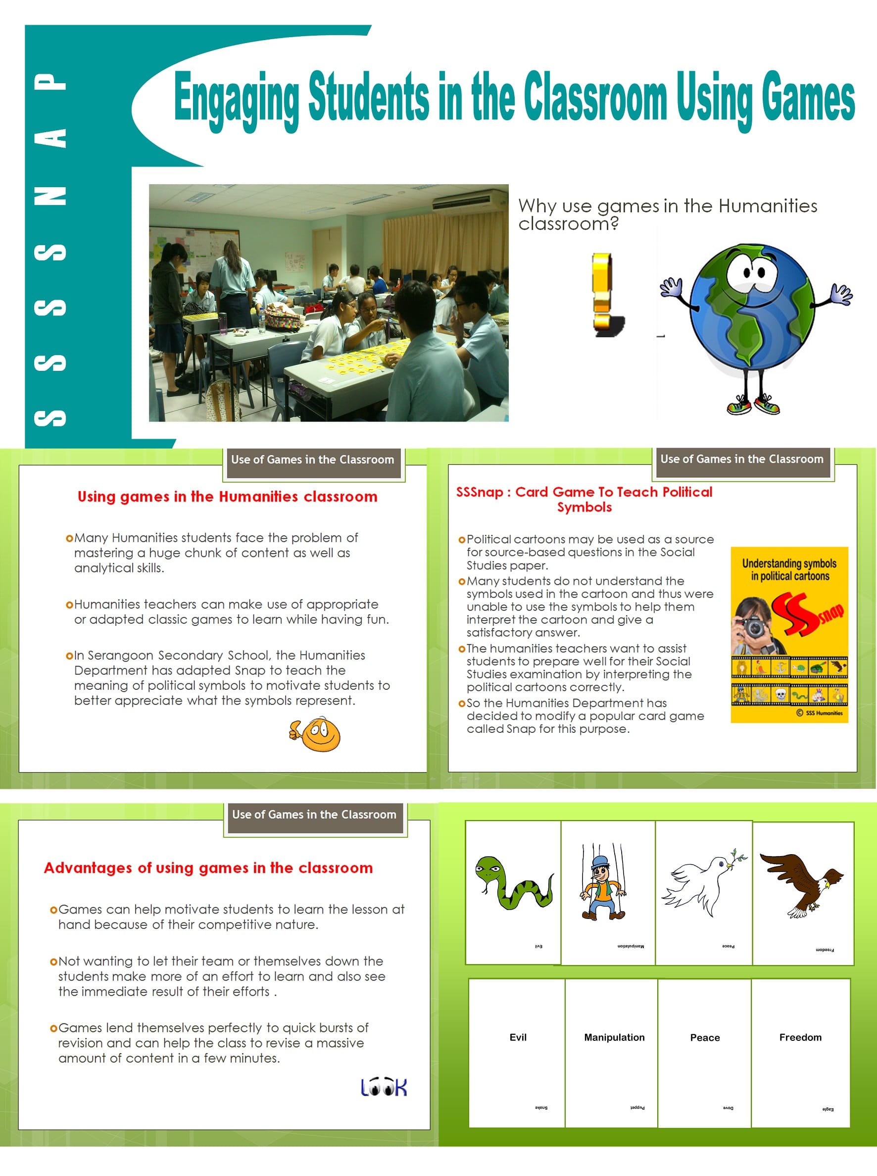 Educational poster titled Engaging Students in the Classroom Using Games, showing text, card game symbols, and a classroom photo.